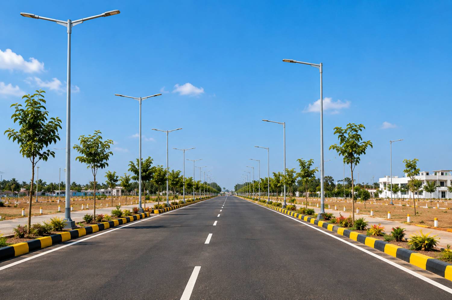 Wide internal road with streetlights
